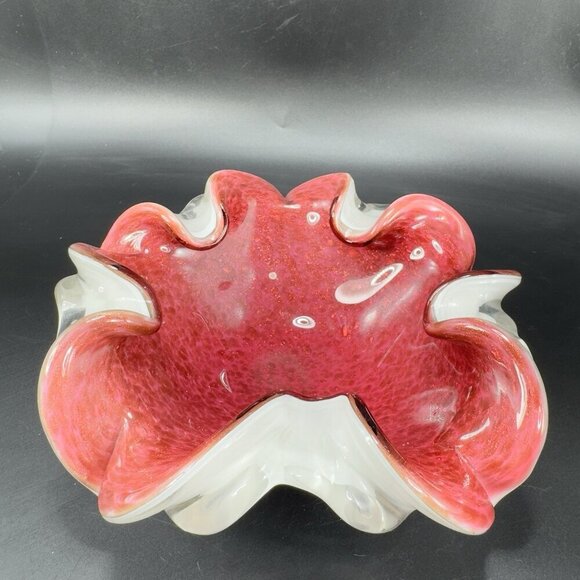 Venetian Murano Glass Folded Edges Ashtray Dish Bowl White Magenta Center Italy - Picture 9 of 16